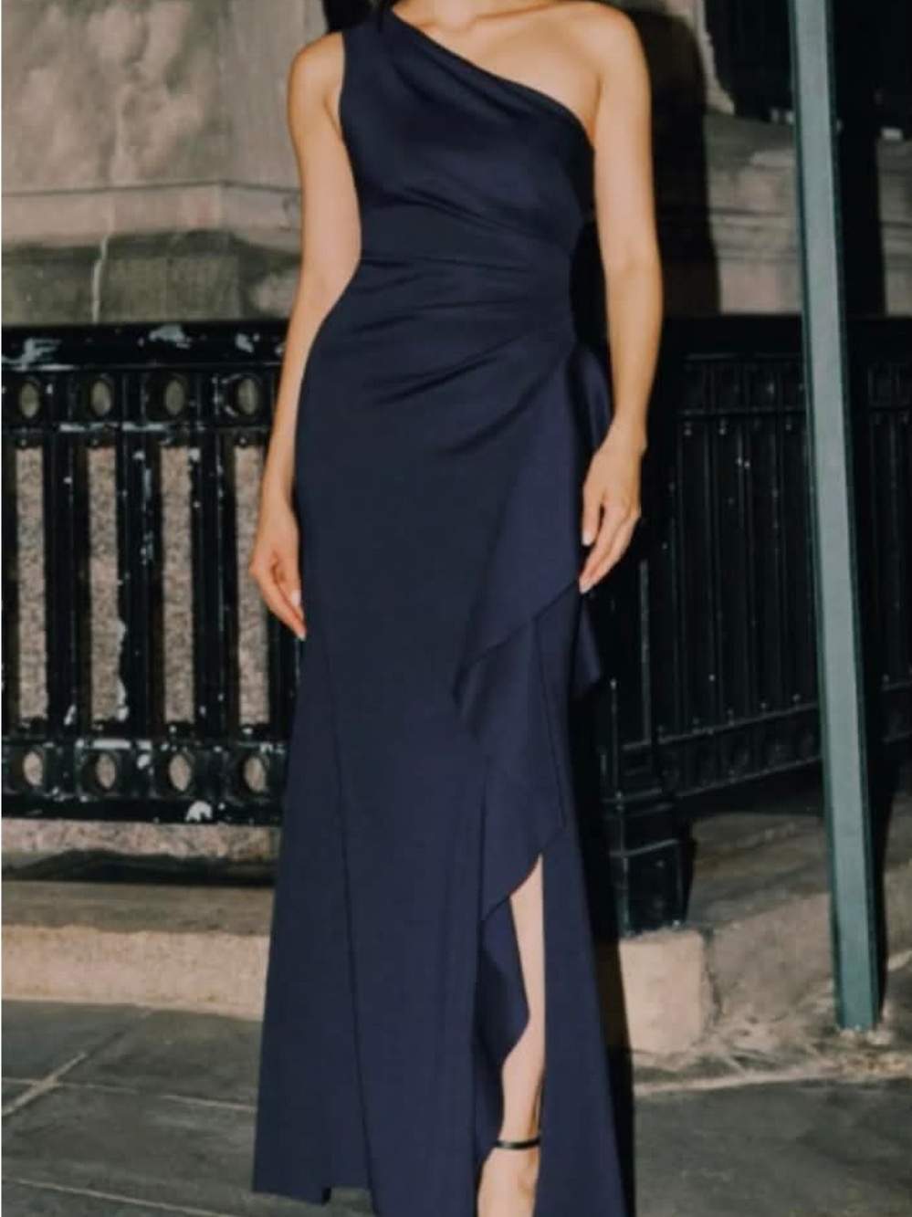 NWT Xscape Midnight Blue One-Shoulder Scuba Ruffle Sheath Dress Gown $248 SZ 4P - Picture 5 of 10